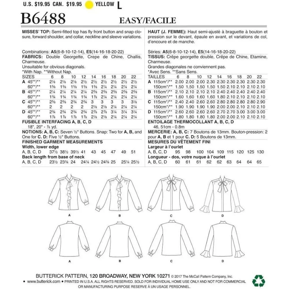 Butterick Sewing Pattern 6488 Shirt Blouse‎ Misses Size 6-14